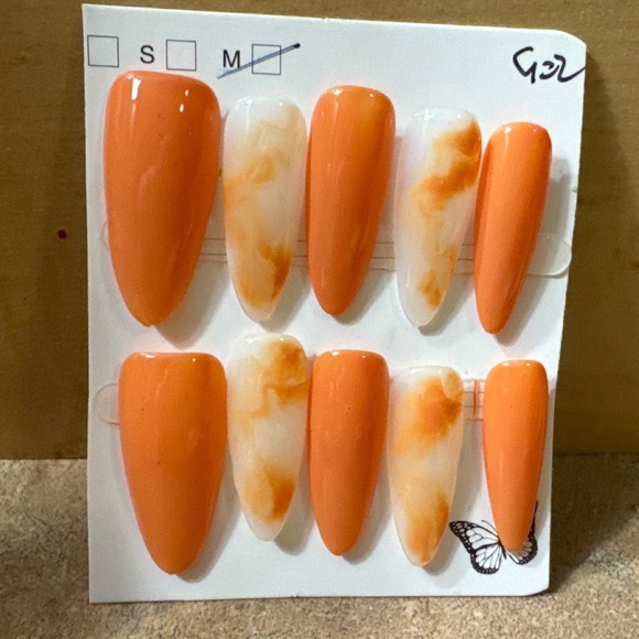 Other - Orange and White Marble Press On Nails Almond Shape Size Medium 10pc Set